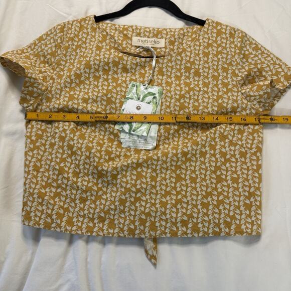 A Bin Metiseko Organic Cotton Yellow Leaf Print Top Size XS New w/ Tags Back Tie - Picture 12 of 13